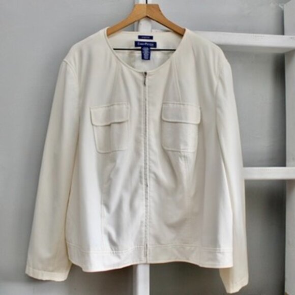 Evan Picone Jackets & Blazers - Evan Picone Cream Color Zipper Collarless Stretch Tailored Blazer Size 24W